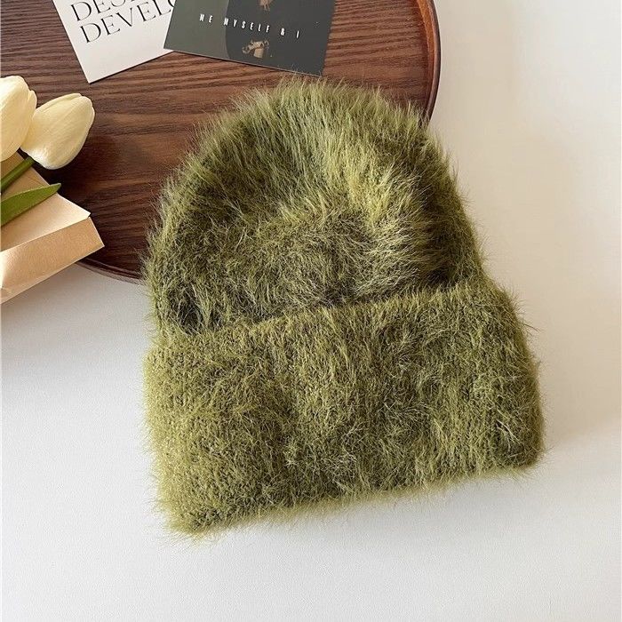 Women Winter Soft Faux Mink Fur Knitted Beanie, Japanese & Korean Style Warm Thick Cashmere-Like Rolled Edge Hat, Cozy Fluffy Purple Knit Cap