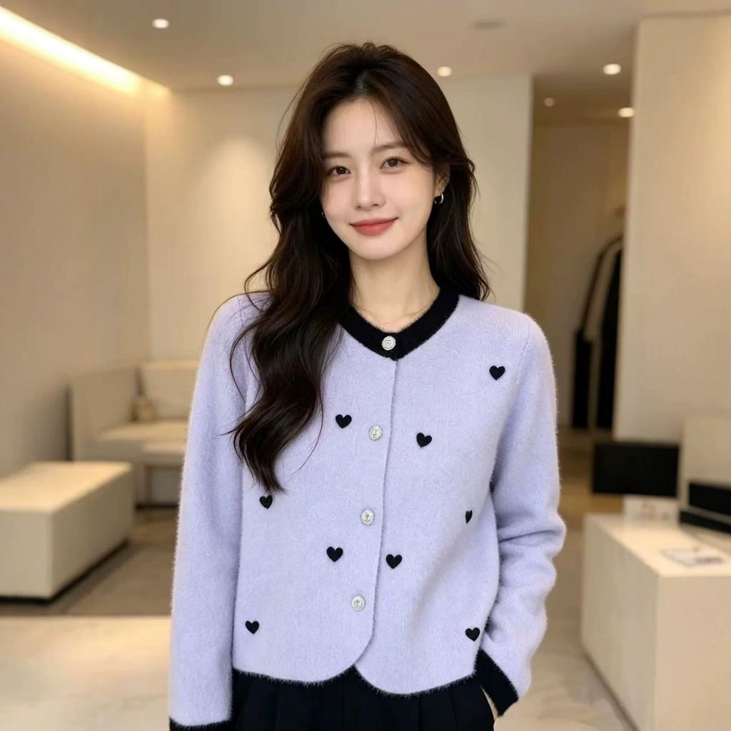 Temperament love sweater jacket women's 1011 autumn and winter new versatile loose imitation mink velvet knitted cardigan