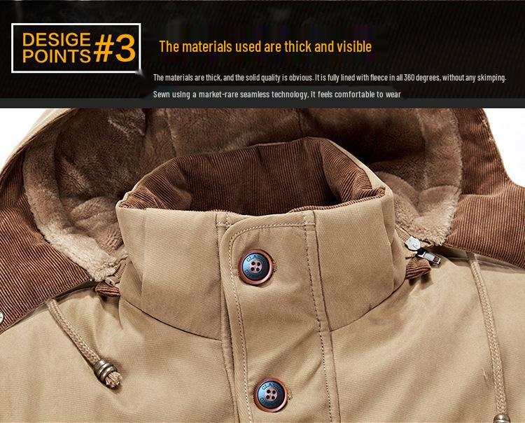 Winter 13029 Men's Mid-Length Fleece-Lined Cotton Coat, Plus Size, Multi-Pocket, for Middle-Aged & Elderly