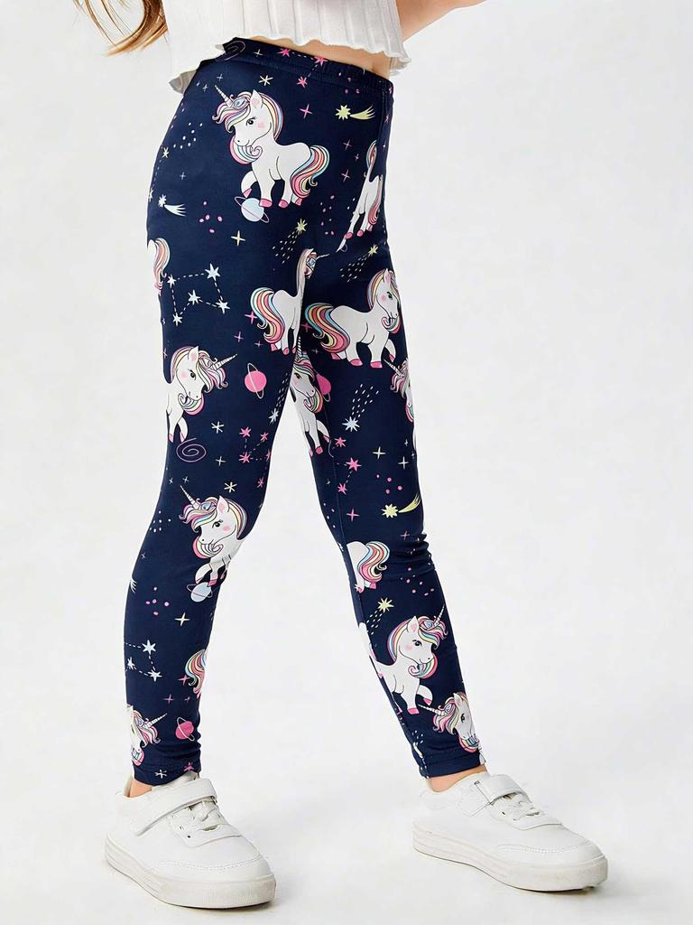 Girls Unicorn Printed Leggings Yoga Pants, Stretchy Opaque Activewear for School & Sports, Kids 3T-7Y