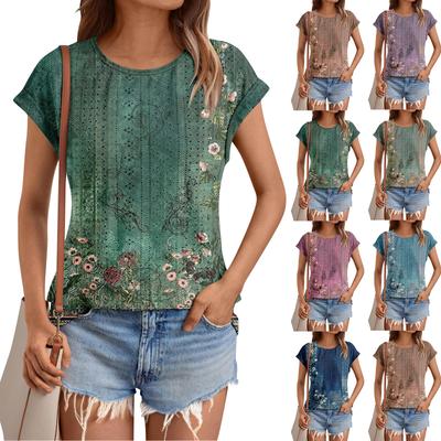 Womens Tops Short Sleeve T-Shirts Printing Blouse Dressy Causal Eyelet Embroidery Summer Fashion Clothes