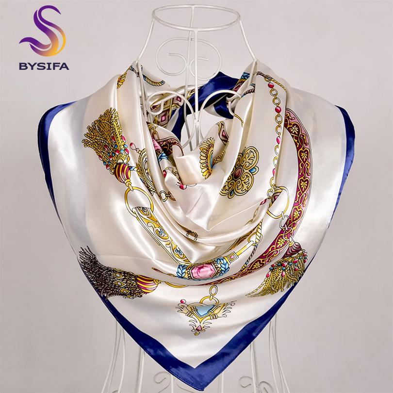 [BYSIFA] Women Scarf New Black Beige Silk Square Scarf Shawl Ladies Dot Prin Winter Scarves Bandana Spring Fall Head Scarfs Blue