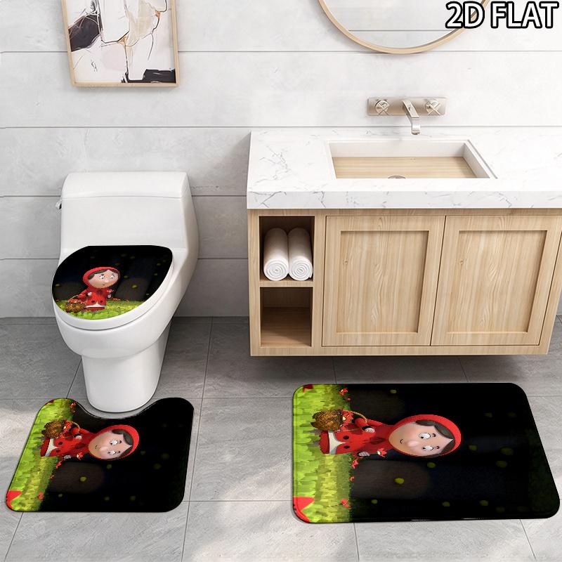 3pcs Revolting Rhymes Pattern Flannel Nonslip Absorbent Washable Decorative Bathroom Home Toilet Seat Cover Mat