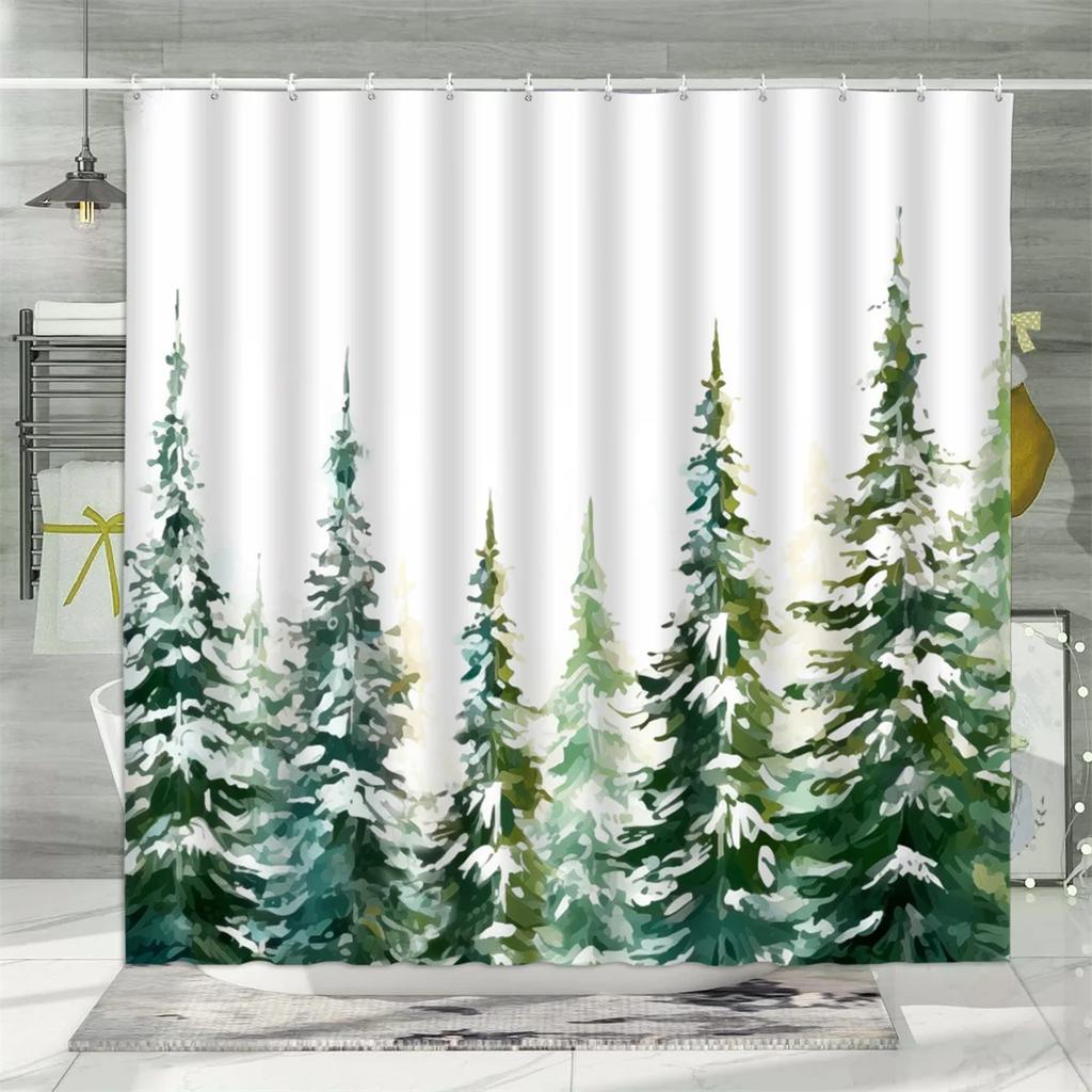 Christmas Shower Curtain, Winter Snowman Santa Claus Gnome Farm Farmhouse Cartoon Truck Christmas Tree Snowflake Bathroom Decor
