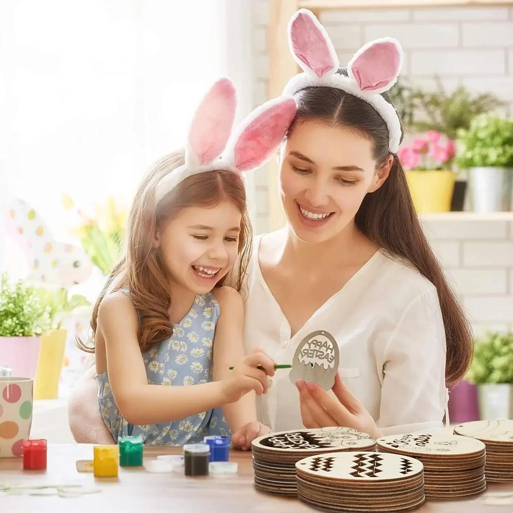 6pcs DIY Wooden Easter Egg Decoration Craft Happy Easter Hanging Pendant Ornament for Home Easter Party Kid Gifts