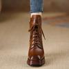 Women's shoes 2026 Spring and Autumn new waterproof platform top layer high heels short boots thick heel tie brown women