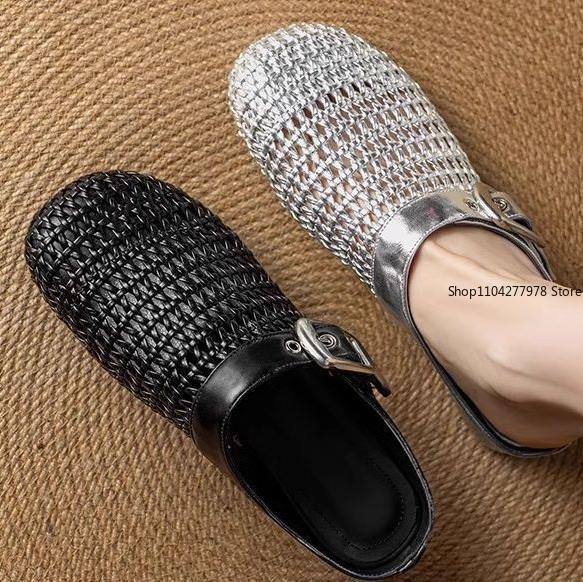 Fashion Mules Luxury Woven Slippers Women Shoes Round Toe Metal Buckle Casual Style Lazy Outside Wearing Women's Sandals Women Flats