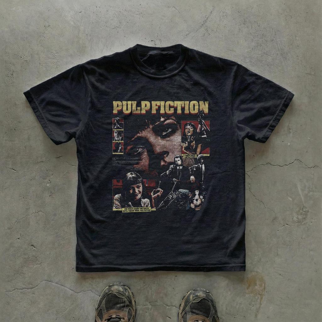 Vintage Pulp Fiction graphic tee, retro film poster collage, unisex T-shirt, cult 90s cinema, movie T-shirt, Quentin Tarantino