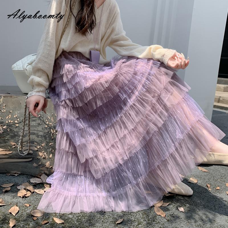 Fairycore Autumn Winter Women Maxi Long Princess Skirt High Waist Beige Purple Layered Ruffles Mesh Skirt Romantic Tierred Party Feminine Skirts