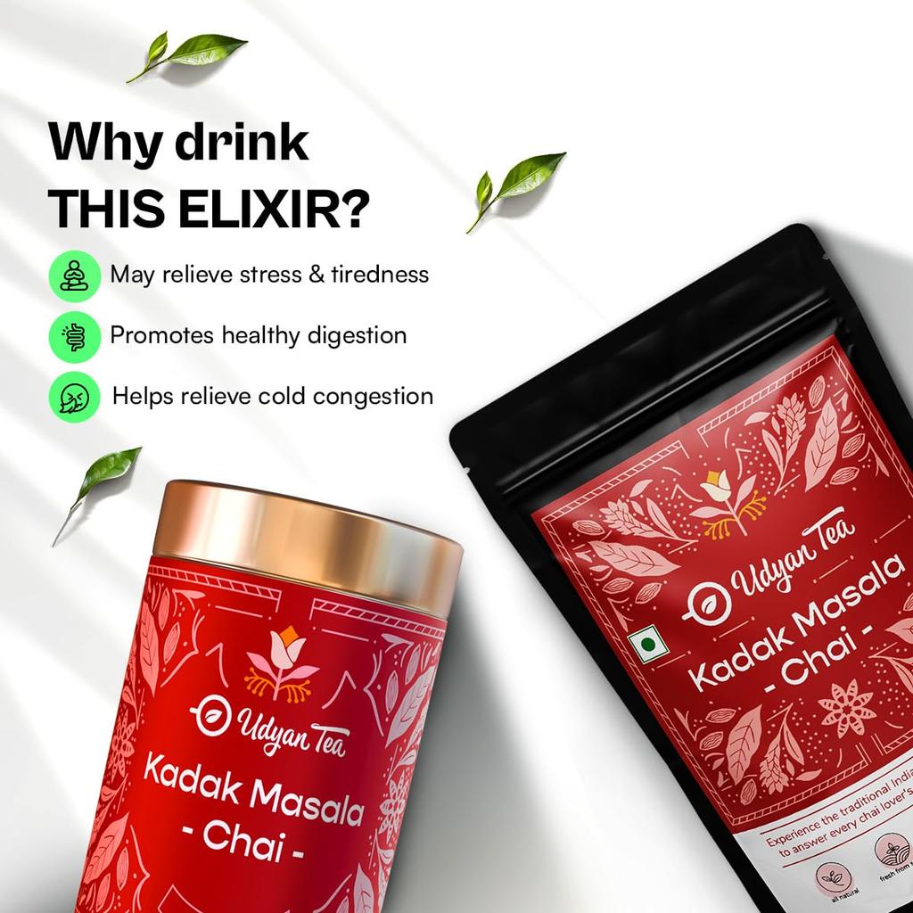 Udyan Tea Kadak Masala Chai | Authentic Indian Masala Chai Latte | Premium Blend with Fresh Tea Leaves & Real Spices, 100g (40 Cups)