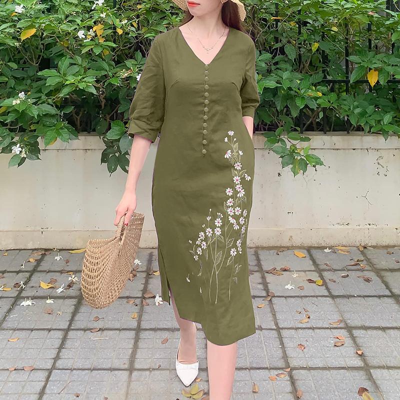 ZANZEA Women Casual V-Neck 3/4 Sleeve Loose Floral Embroidery Dress