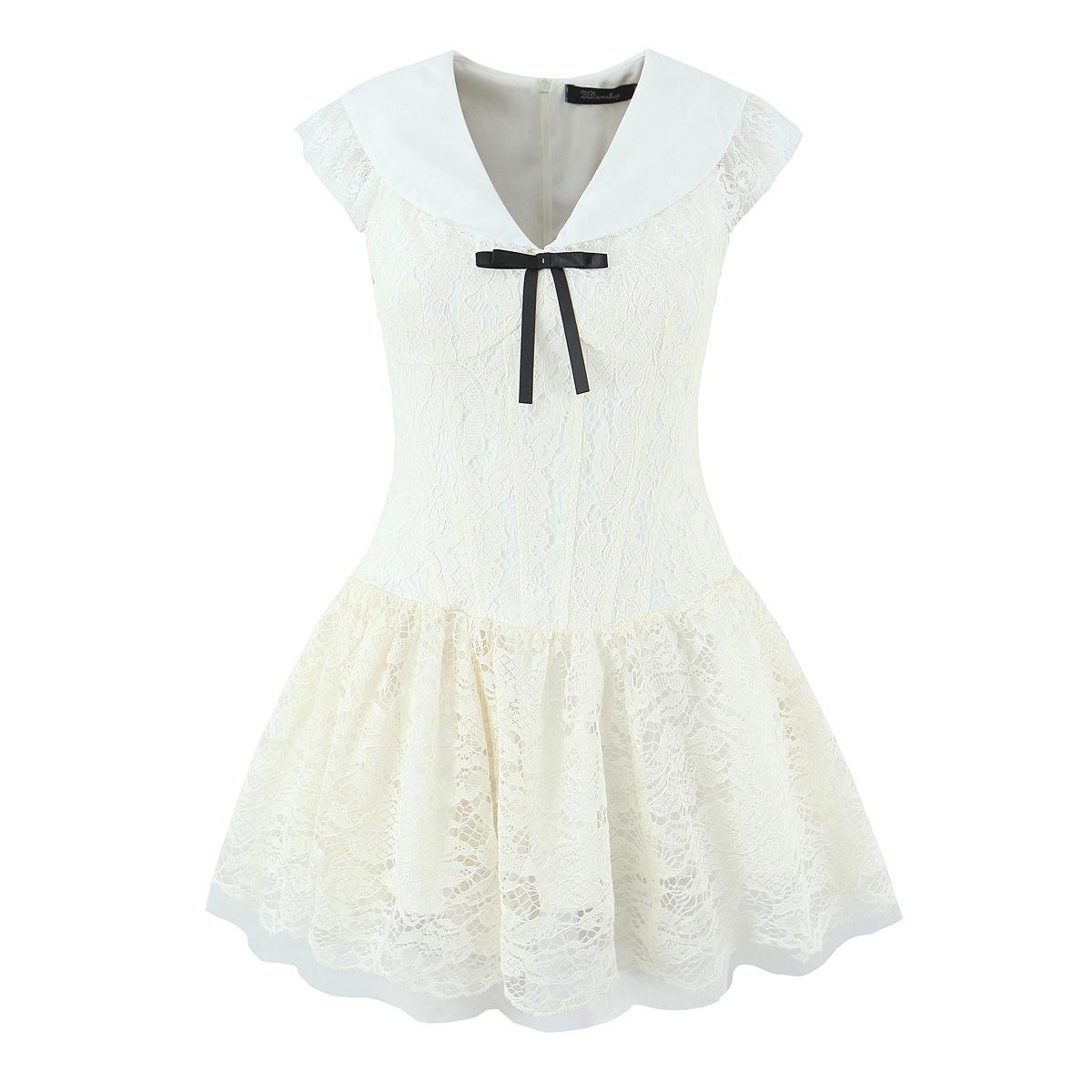 

2026 Korean Style V-neck A-line Dress with Bowknot, Lace & Mesh for Women Large белый