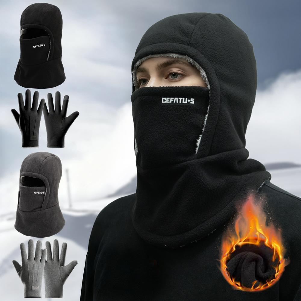 Fleece Balaclava Cycling Cap and Warm Gloves Cold-proof Windproof Warm Hood and Hat Thicken Thermal Ski Windproof Kit Women Men