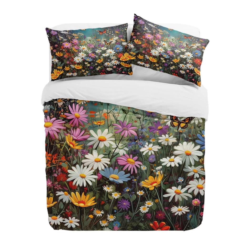 Daisy Flower Butterfly Bushes 3pcs Bedding Set For Double Bed Home Textile Duvet Cover Quilt Cover Pillowcase