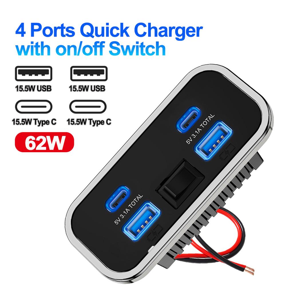 Car Charger Dual USB Type-C 4 Ports Quick Charging Socket QC3.0+PD3.0 Power Adapter For SUV RV Camping Bus Marine