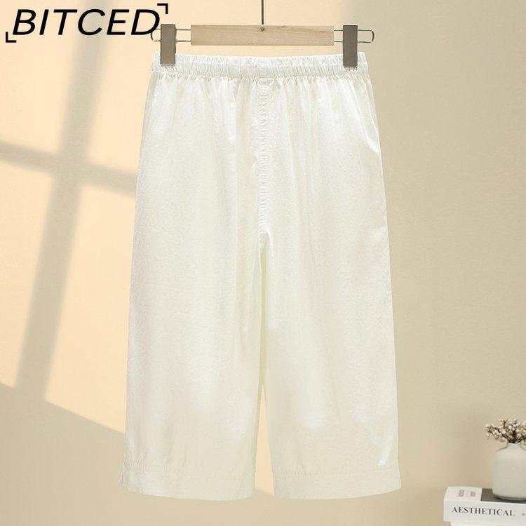 BITCED Summer Women Elastic Waist Straight Trousers Middle Age Older Women High Waist Straight Pants Washed Cotton Cropped Plus Size Pants