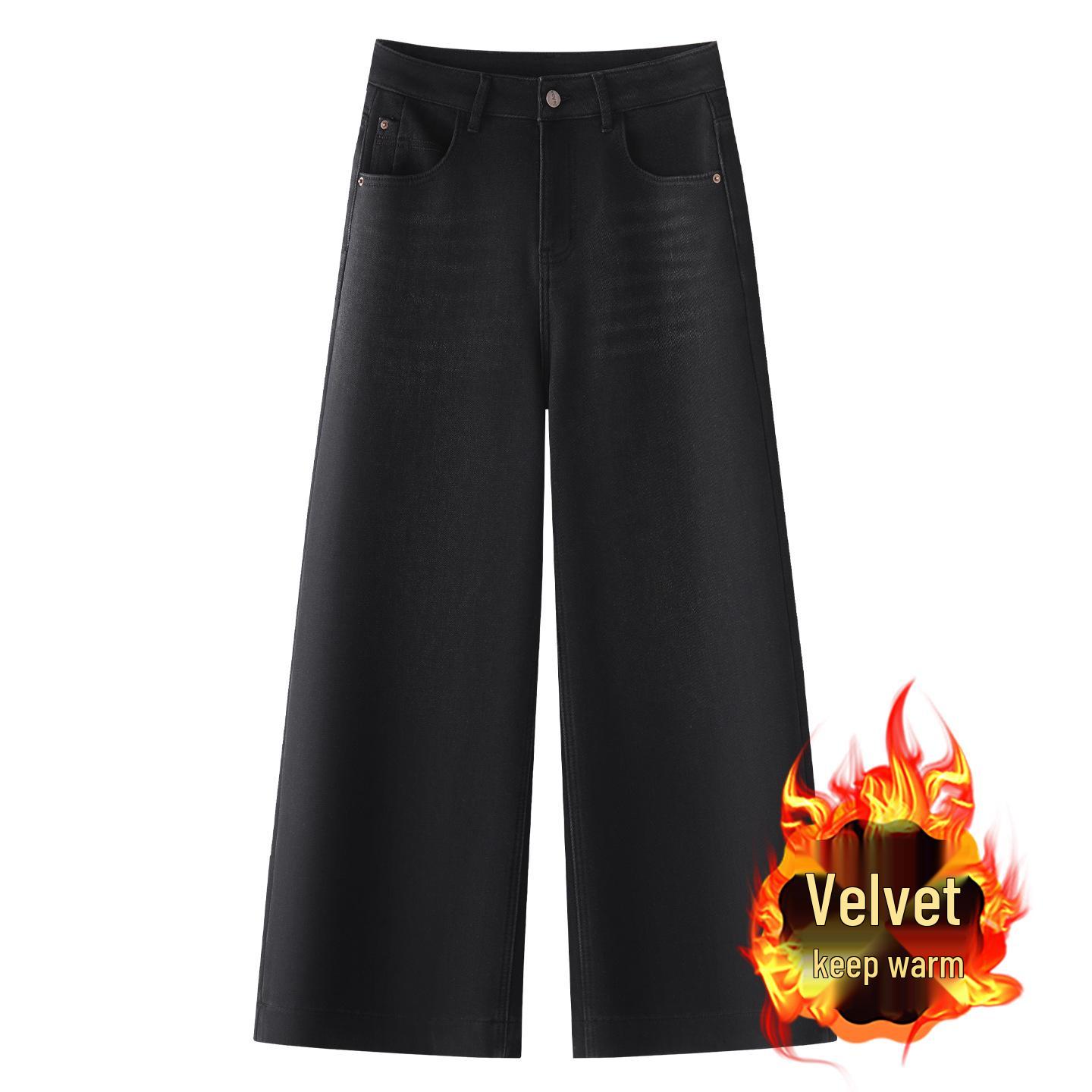 

Black Velvet High-Waisted Wide-Leg Women s Jeans, Winter 2025 Petite Loose Fit Drape Style. M