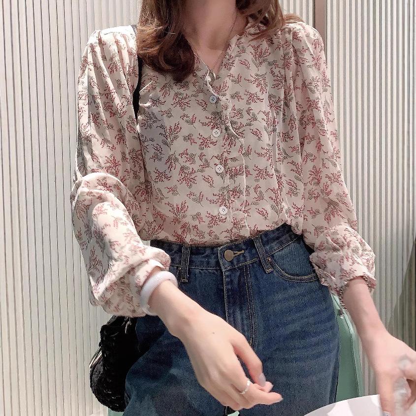 Spring/Autumn 2025 Korean Floral Chiffon Bubble Sleeve Blouse - Women's Long Sleeve Elegant Top