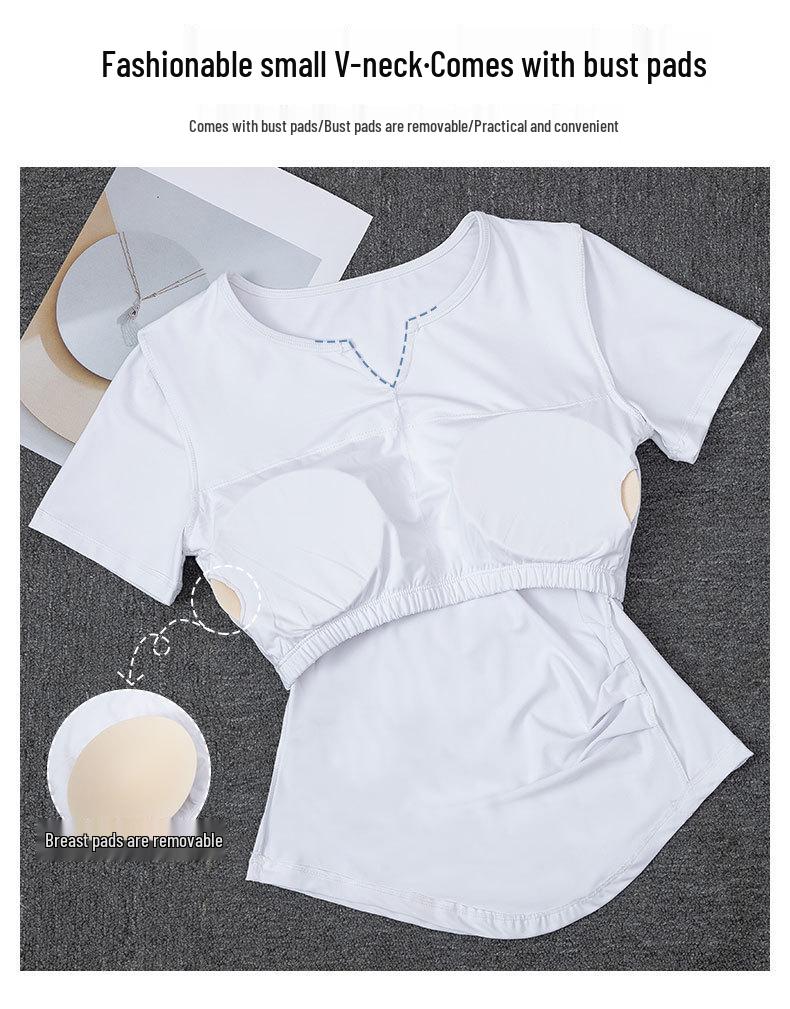 Women's Quick-Dry Yoga Set: Short Sleeve & Pants with Chest Pad for Summer 2025 Morning Runs