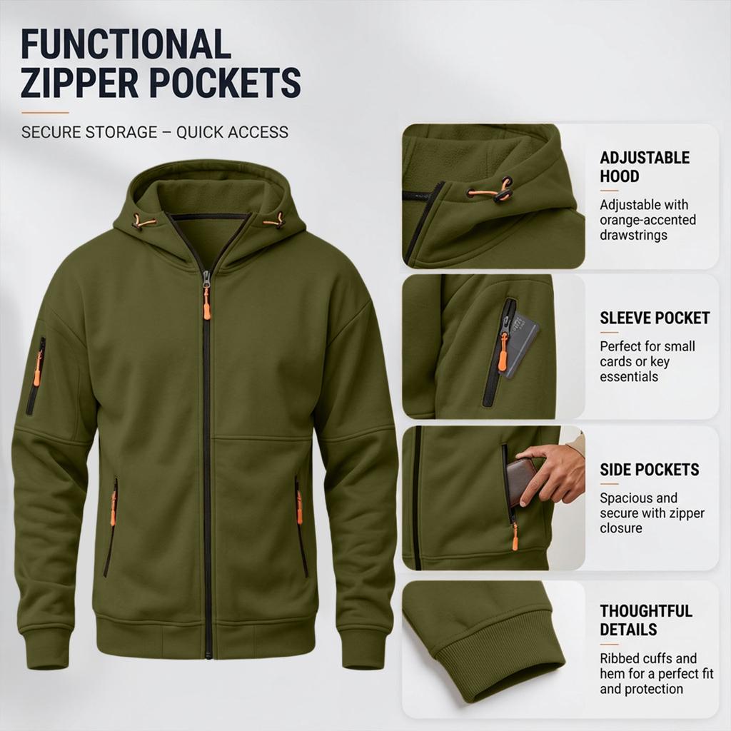 Men's Casual Long Sleeve Hooded Zip-Up Sweatshirt with Multiple Pockets and
