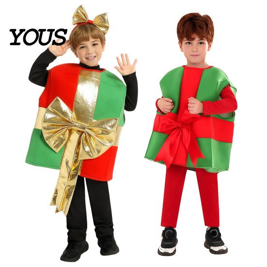 Indoor Outdoor Winter Play Clothes Christmas Box Costume for Kids, Santa Gift Dress Up Outfit Festive Holiday Performance Party, Soft Plush