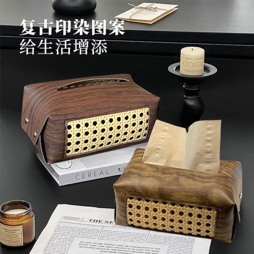 Vine Woven Tissue Box Aesthetic Tissue Case Living Room Coffee Table Napkin Holder Antique Wood Grain Tissue Box Holder