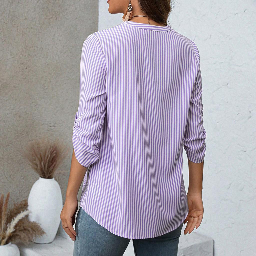 Ladies' Fashionable And Casual Semi Open V-neck Seven Quarter Sleeve Striped Versatile Design Top
