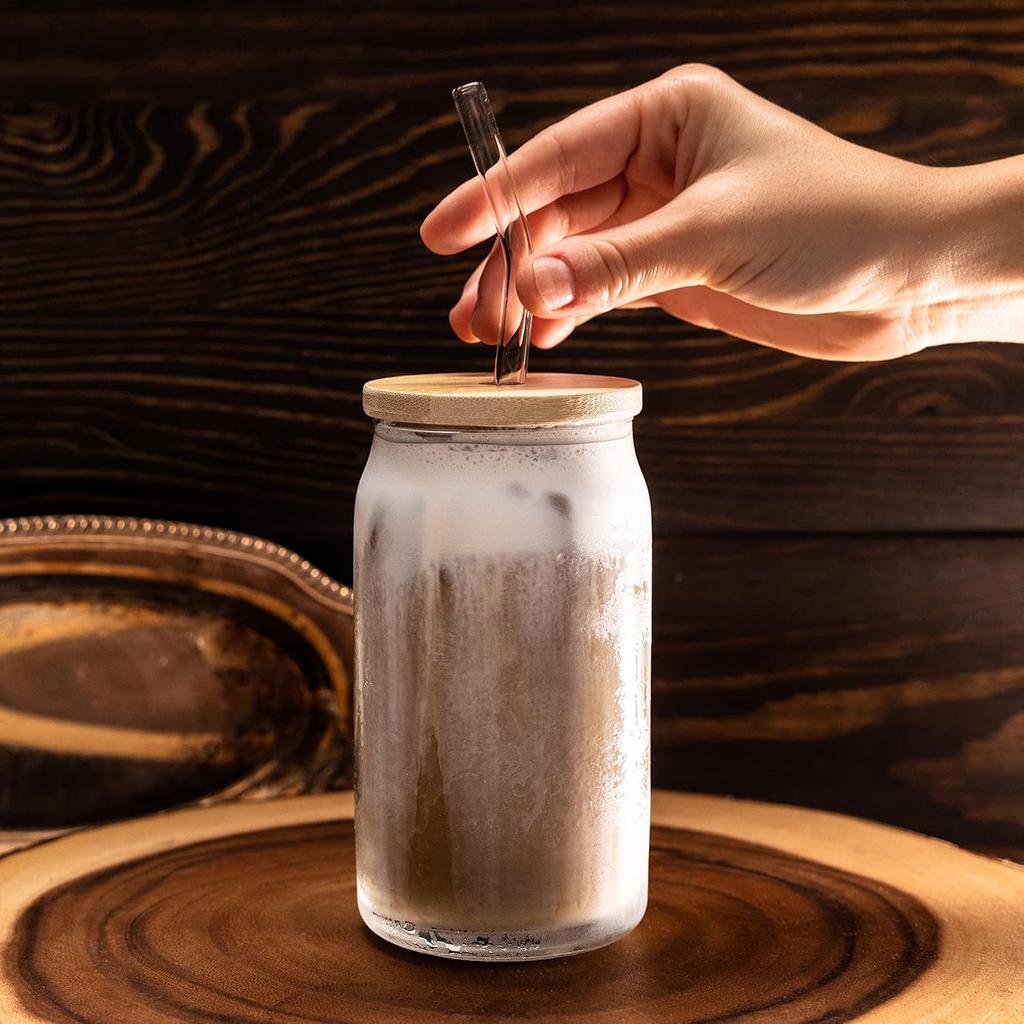 4Pcs 18.6Oz/550Ml Drinking Glasses with Bamboo Lids and Glass Straws, Glass Cups, Iced Coffee Glasses, Cute Iced Tea Glasses, Beer Glasses
