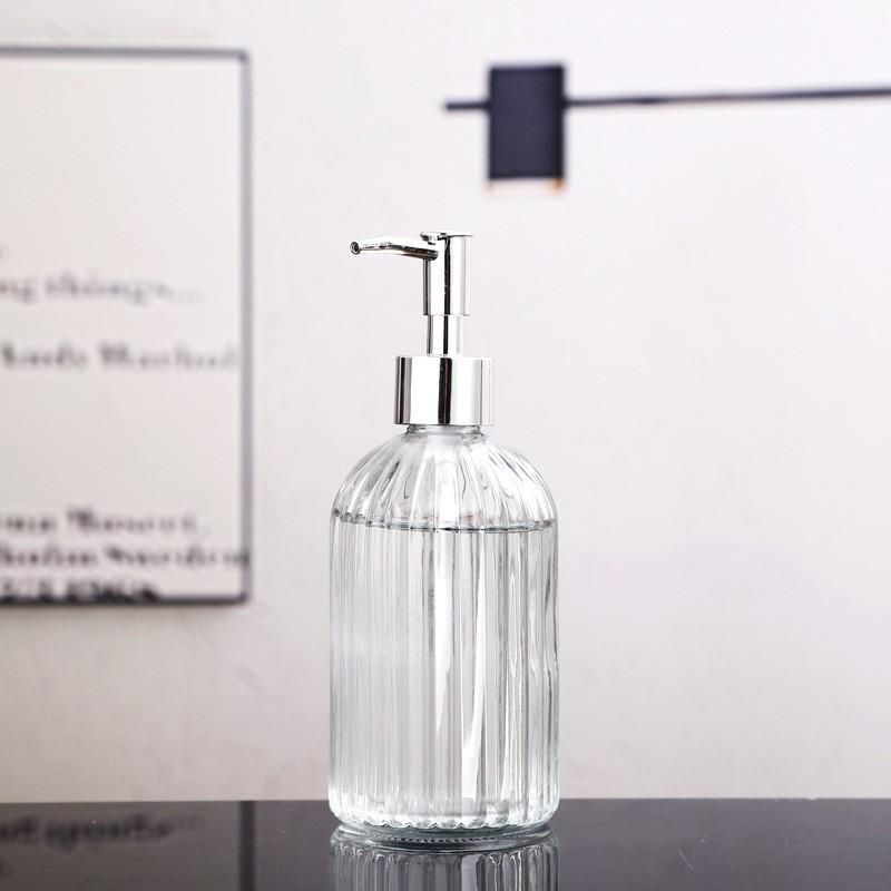 Vertical Stripe Colored Glass Hand Sanitizer Bottle, Transparent & 400 Ml, Press-Type Dispenser, High-Grade Design