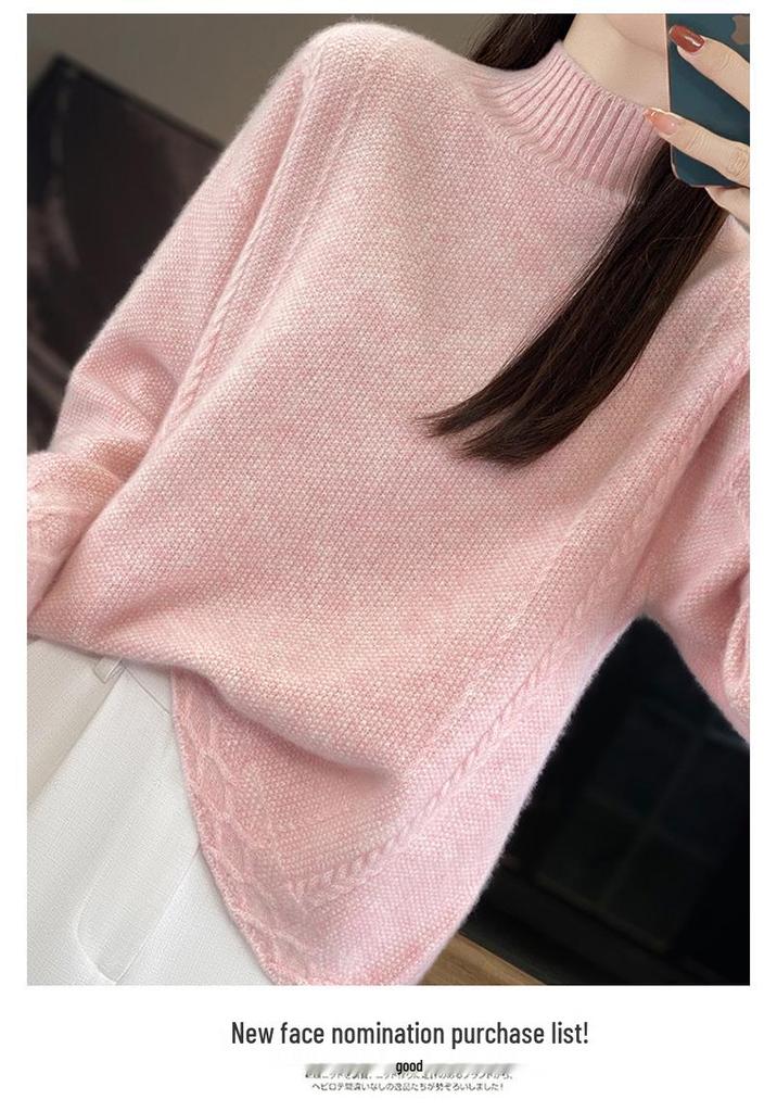 Women's Pure Wool Half-High Collar Sweater, Loose Fit, Cashmere Base Layer, Retro Jacquard Knit Pullover