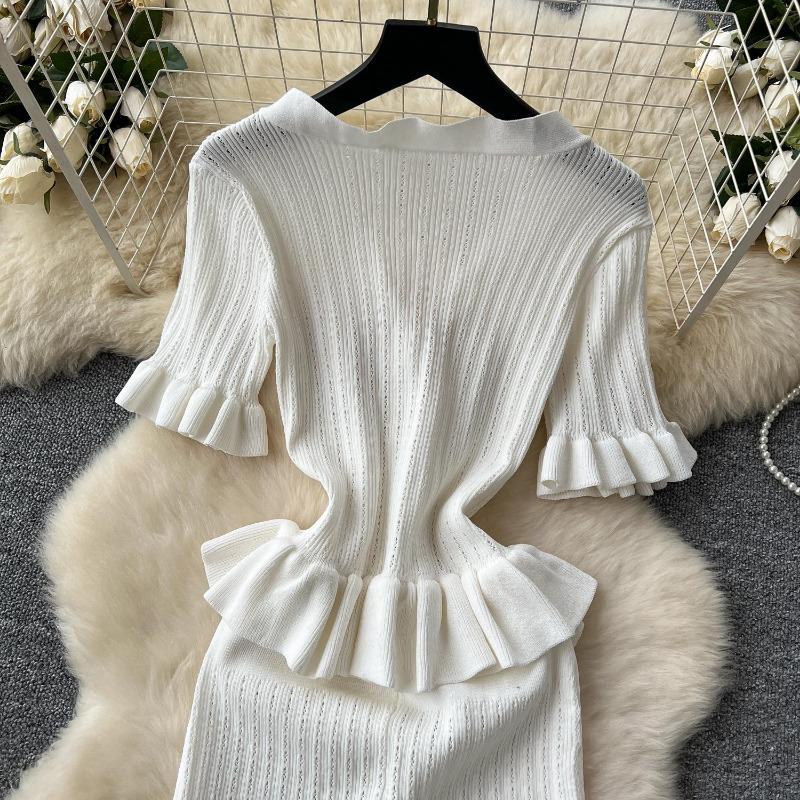 Retro Strickpullover Rüschen Sexy Einreihig Elegant A-Linie Langes Maxi Abend Party Kleid Damenmode Sommerkleidung