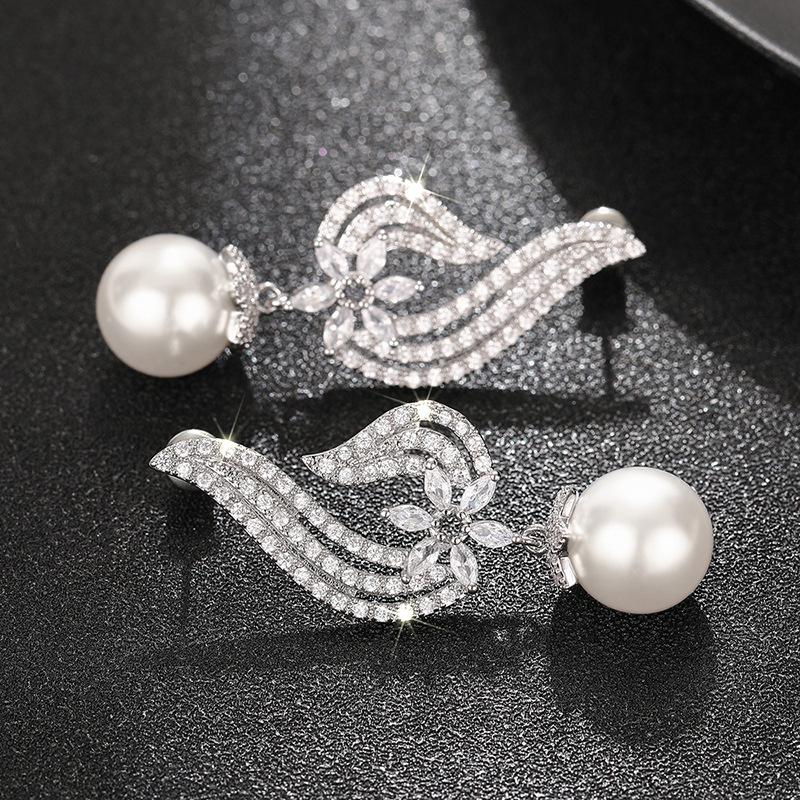Source Angel Wings Imitation Pearl Earrings, Diamond Flower Zircon Earrings, Dinner Court Earrings