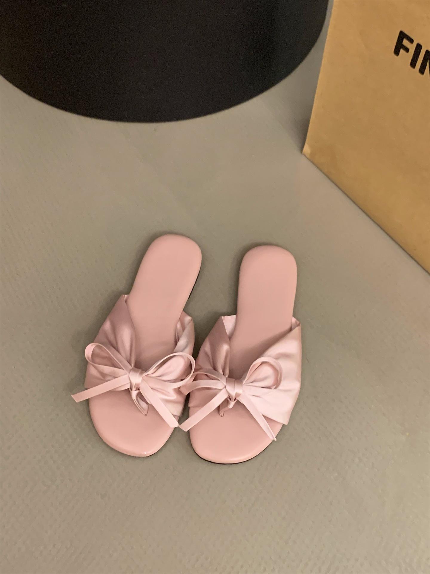 

Small sandals pink flat-bottomed flip-flops fairy shoes 2025 summer wear bow sandals 40 розовый