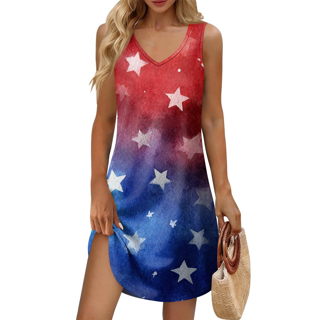 Women's Summer Casual Sun Skirt With Pocket V-Neck Independence Day Printed Loose Vest Dress