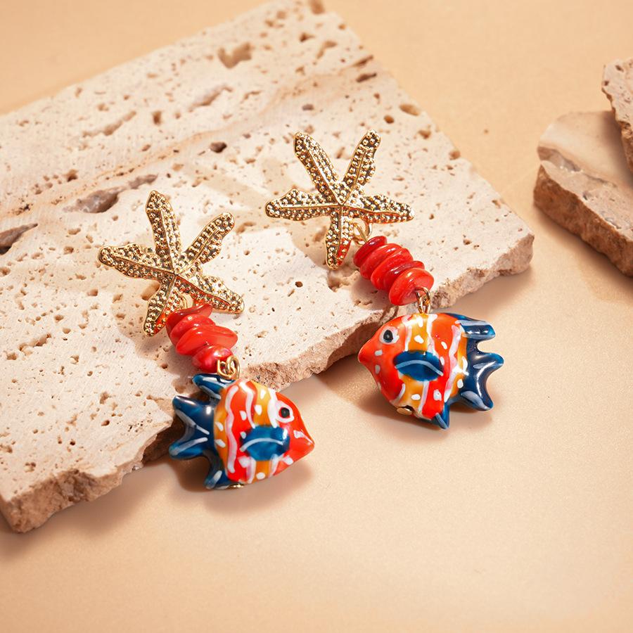 Colorful Ceramic Fish Drop Earrings for Women Starfish Stone Beaded Cartoon Beach Style Summer Jewelry Accessories