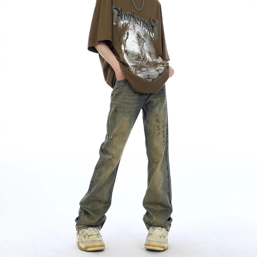 

Unisex Retro Distressed Washed Denim Jeans, Slimming Yellow Micro-Flared Style Medium
