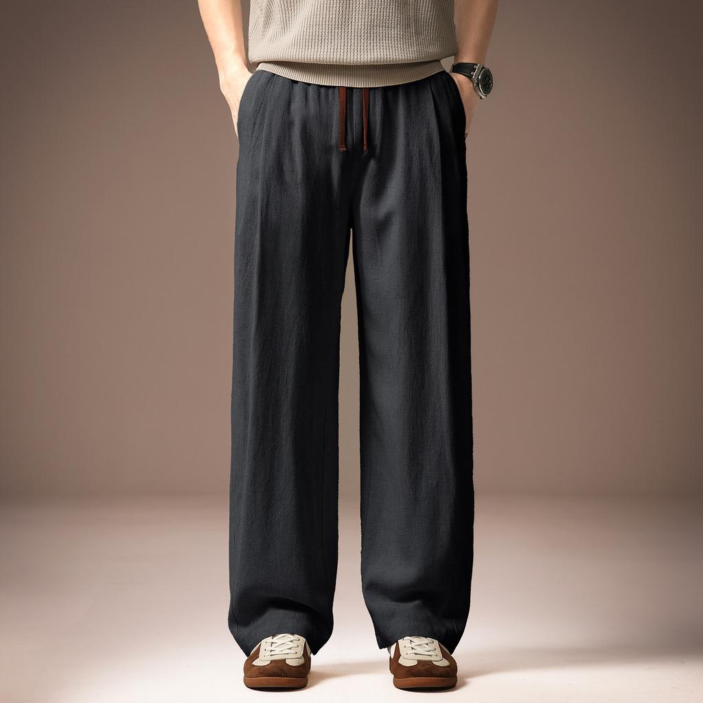 High-end American linen ice silk pendant casual pants men's summer thin loose straight wide-leg trousers