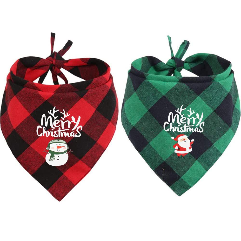 Merry Christmas 2 Pack Dog Bandana Christmas Classic Plaid Pet Scarf Santa Snowman Print Pet Drool Towel Xmas Accessories Scarf