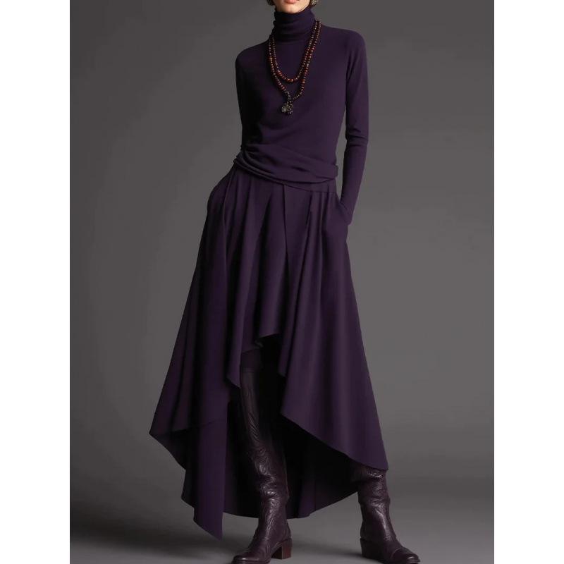 

2025 Women s Fashion: Autumn/Winter Waist-Cinching Irregular Long-Sleeve Stand Collar Shirt with Long Skirt L фиолетовый