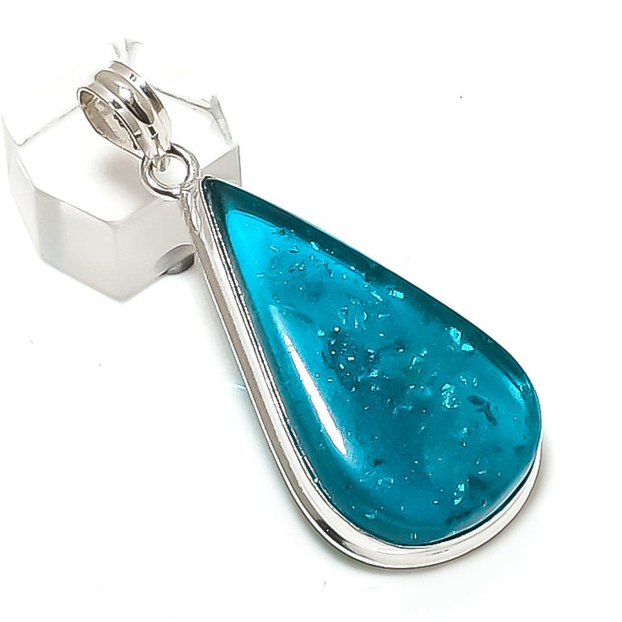 Natural Blue Amber Gemstone 925 Sterling Silver Jewelry Pendant 2.25" Y1S87