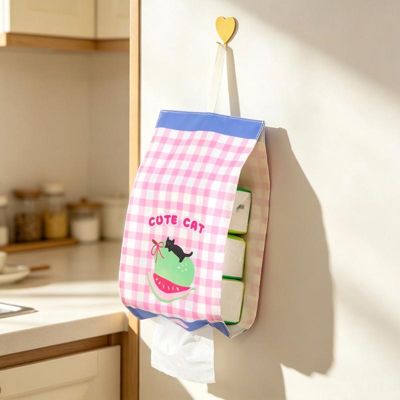 Hanging Tissue Storage Bag Cartoon Checkered Non-slip Tissue Holder Space Saving for Kitchen Pantry Bathroom Wall