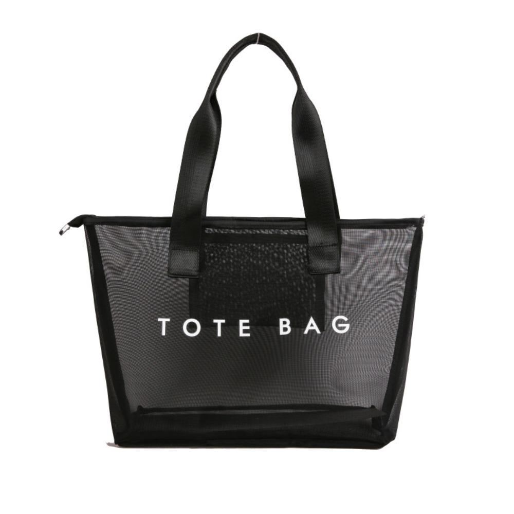 Large Capacity Mesh Tote Bag Zipper Shopping Shoulder Bag Breathable Swimming Handbag  Cosmetic
