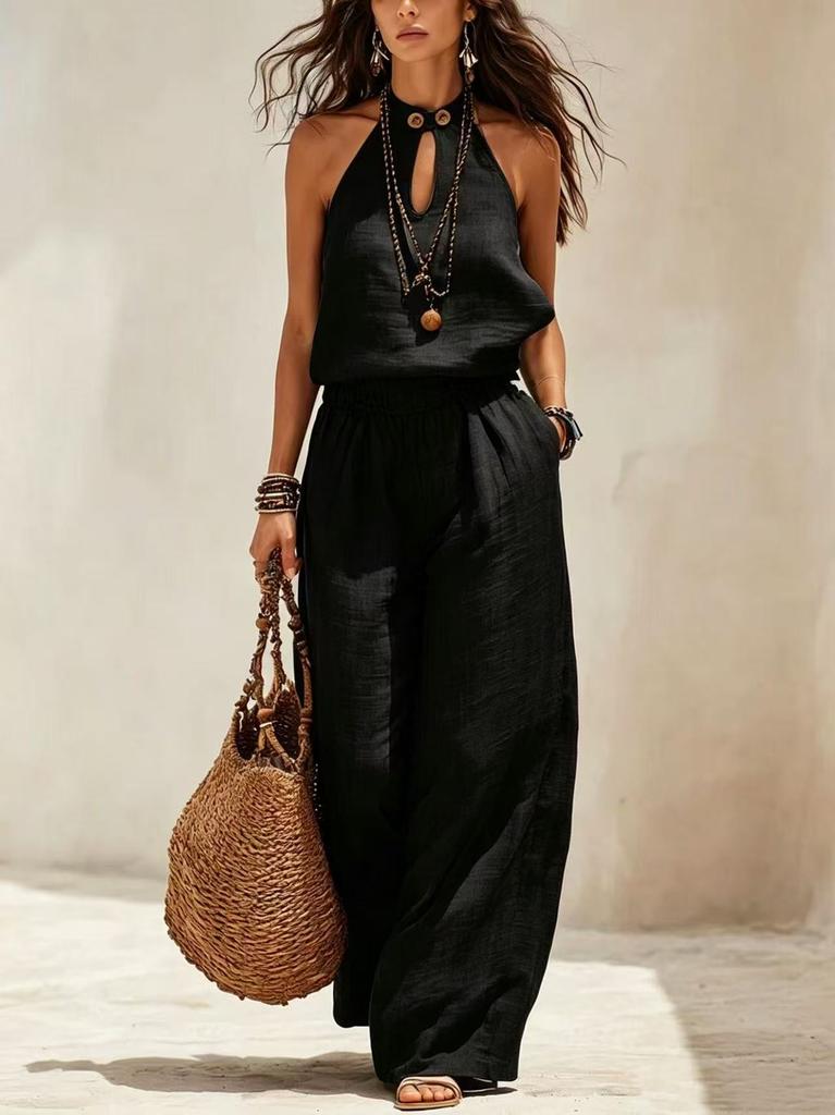 New summer European and American cross-border independent station Amazon women's wide-leg fashion cotton and linen sleeveless neck jumpsuit