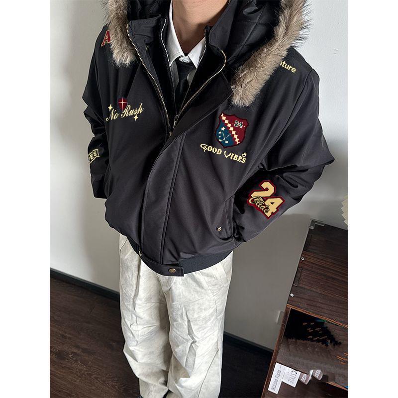 Men s American-Style Hooded Cotton Jacket, Winter 2026, Embroidered, High-End, Loose Fit, Thick, Warm. Medium