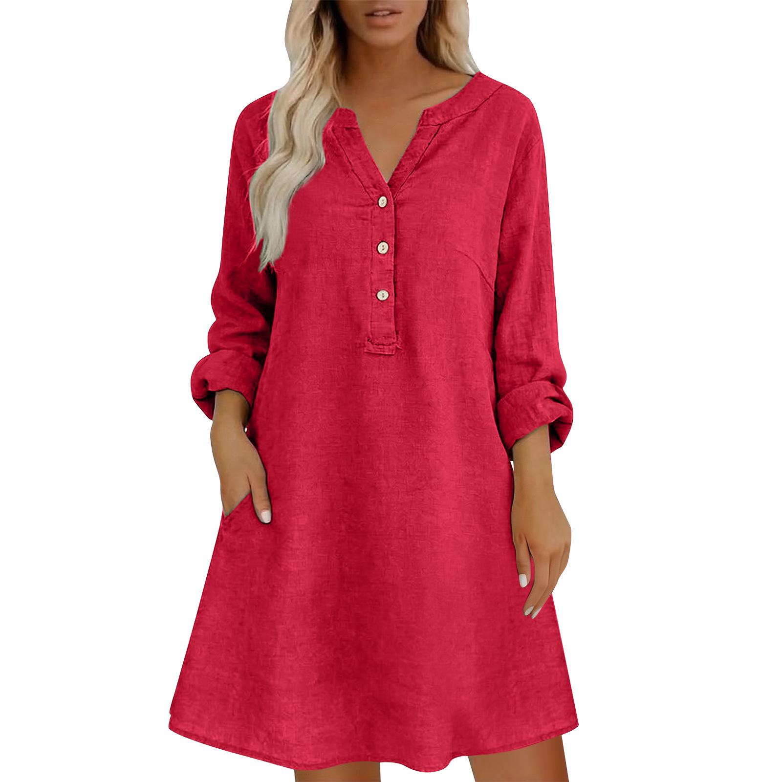 Fashionable Women s Loose Color Stand Up Collar Button Cotton Linen Dress L красный