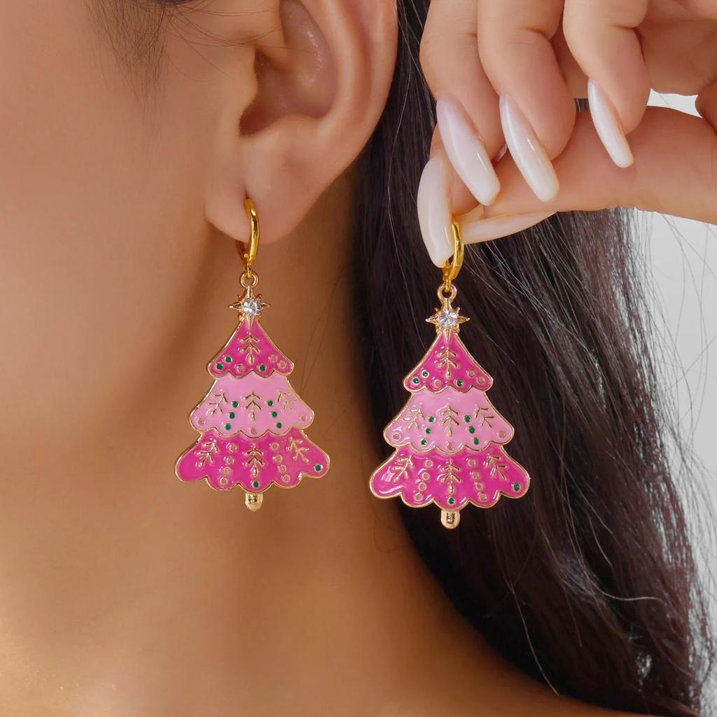 Design Sense Rosa Weihnachtsbaum Hängeohrringe für Damen Niedliche Hohl-Schneemann-Ohrringe Halskette Weihnachten Neujahr Party Geschenke