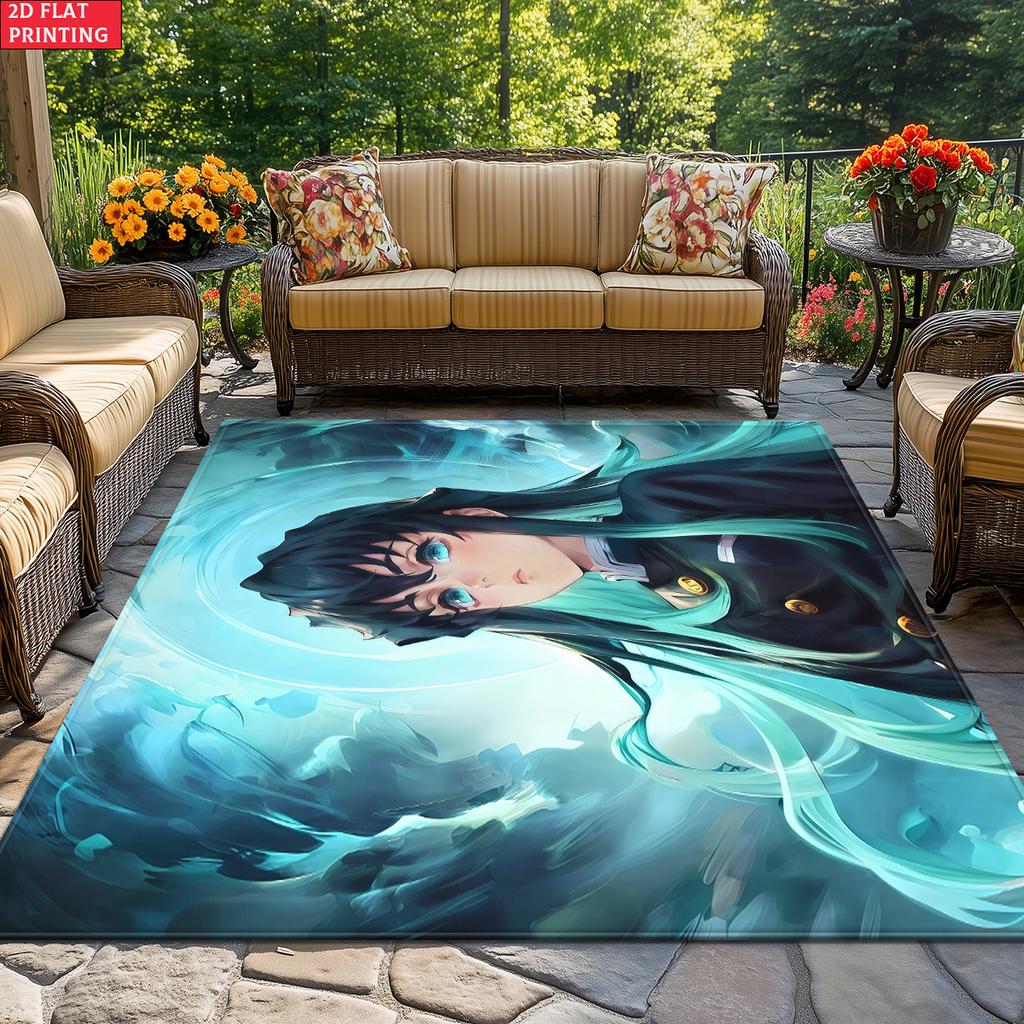 Anime Swordsman Area Rug, Cyan Water Theme Non-slip Floor Mat, Decorative Carpet for Gaming Room Bedroom, Washable Home Gift