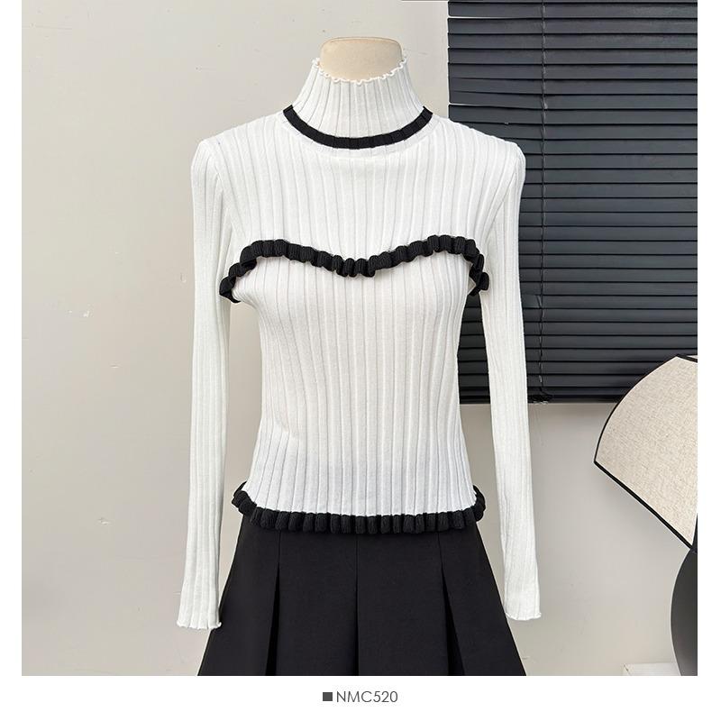 

Весна Осень Женщины Полувысокий воротник Длинные рукава Оборки Вязаный свитер Пуловер Топы One Size белый