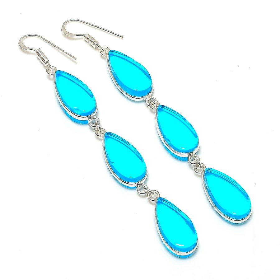 Natural Swiss Blue Topaz Gemstone 925 Sterling Silver Jewelry Earring 3.55" y9t51