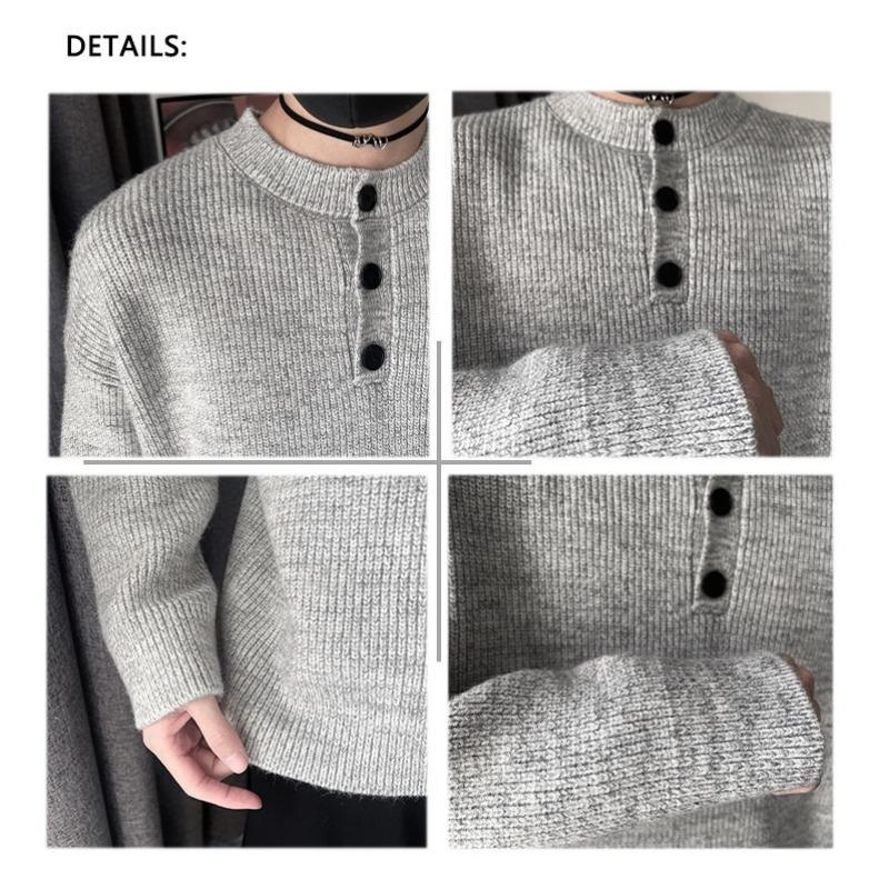 Grey American Retro Henley Neck Men S Knit Sweater Winter Lazy Cleanfit